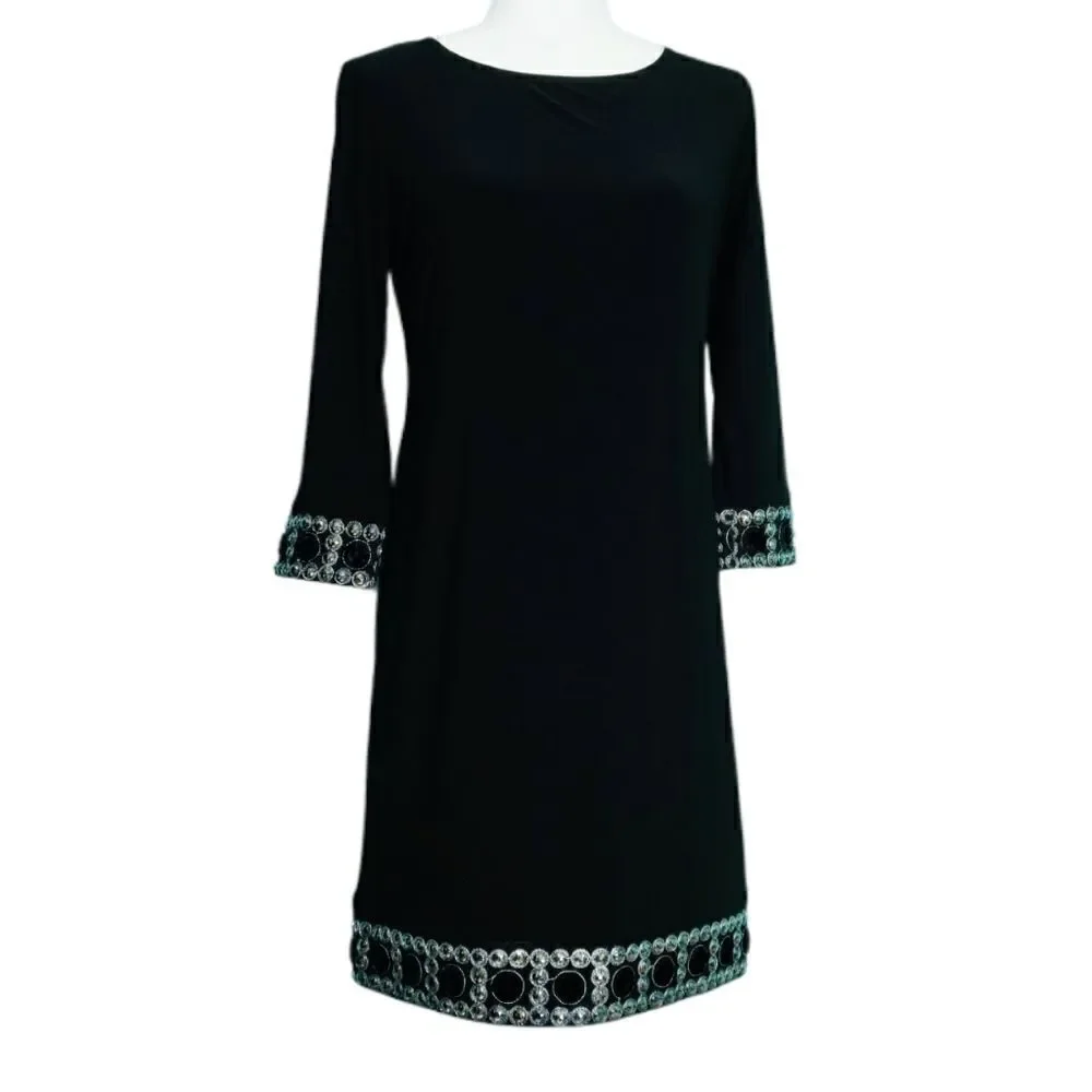 Tiana B. Jewel Embellished Black Shift Dress Crew Neck Long Sleeve Women Size 8P - Picture 3 of 12
